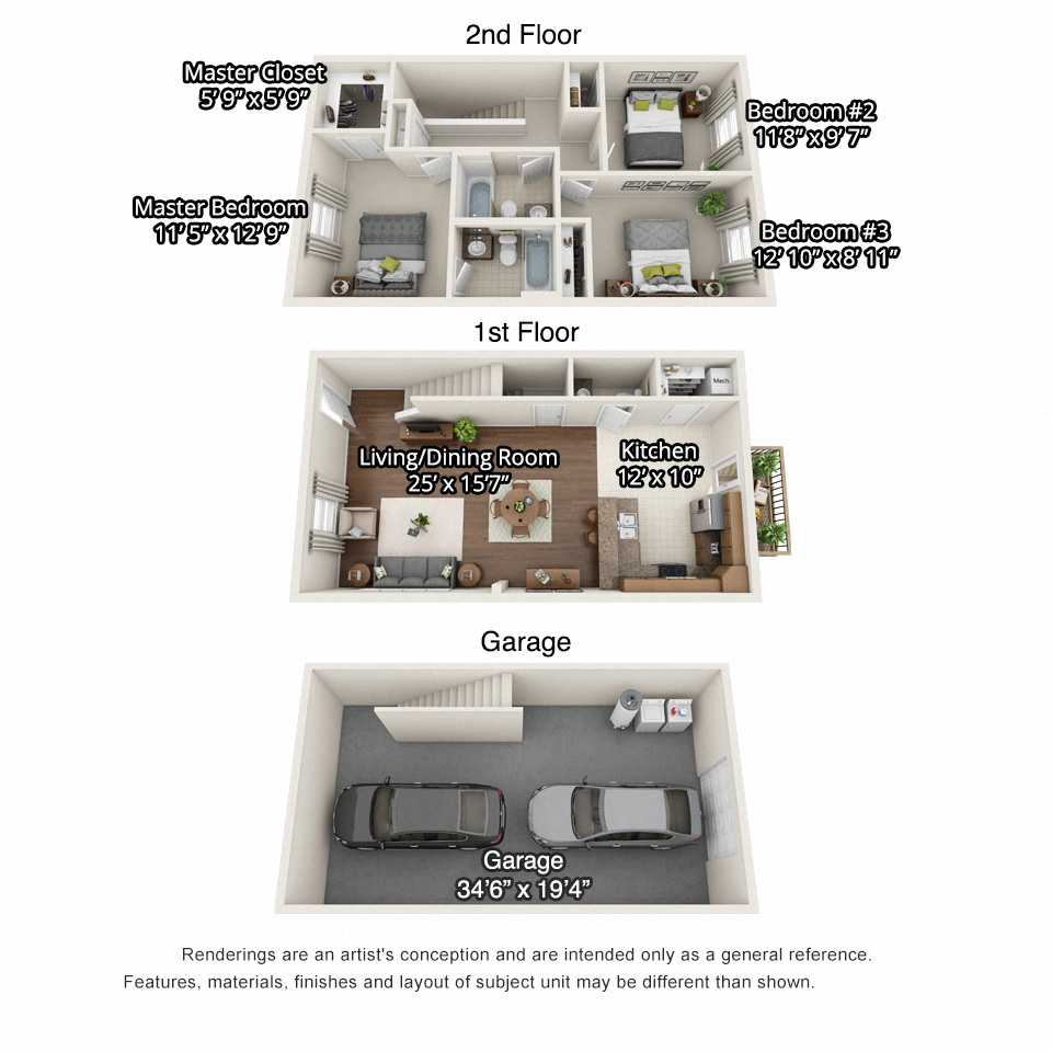 Floor plan for 3 beds, 2.5 baths, 1440 sqft